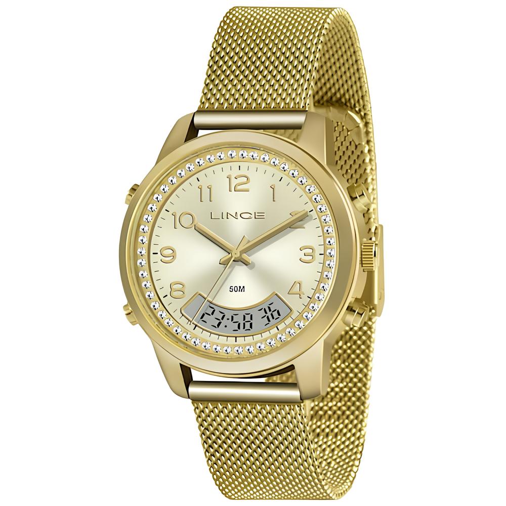 Relógio Lince Feminino Dourado Anadigi com Strass