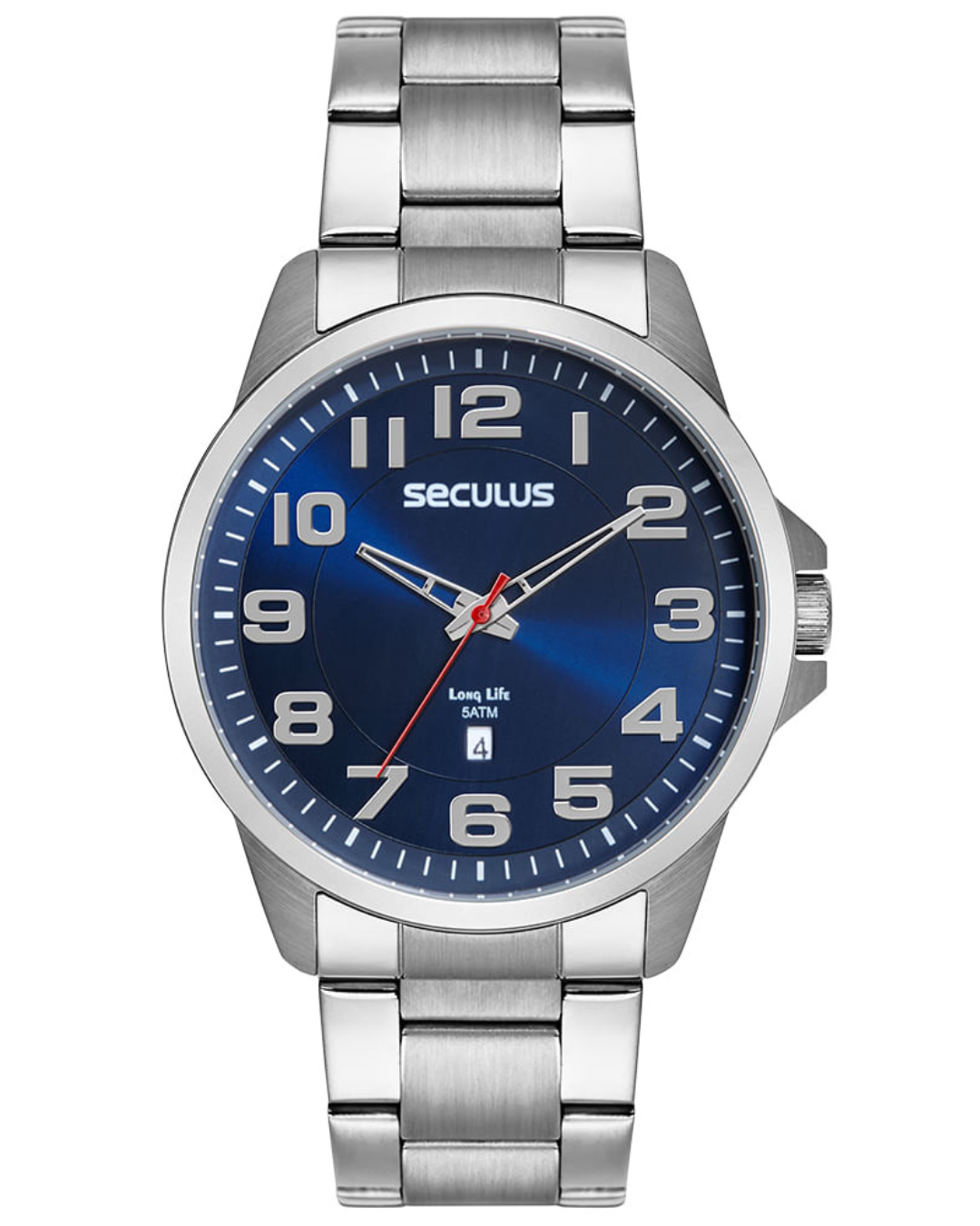 Relógio Seculus Masculino Long Life Prata Mostrador Azul