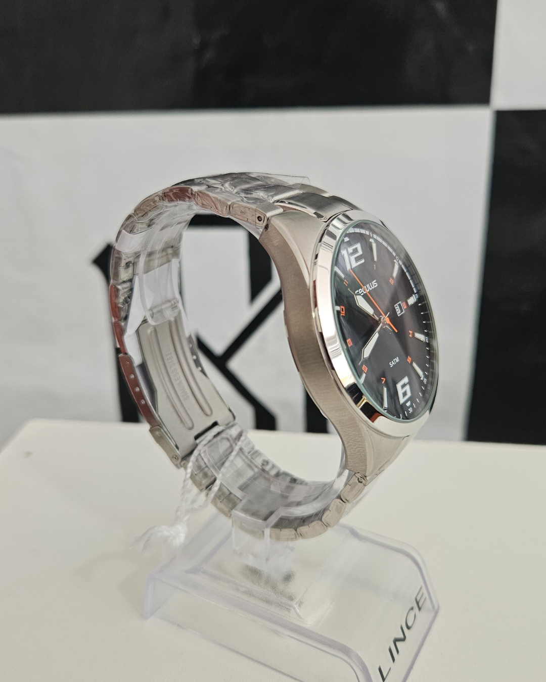 Relógio Seculus Masculino Aço Prata Fundo Preto