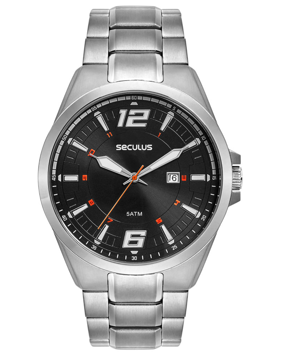 Relógio Seculus Masculino Aço Prata Fundo Preto