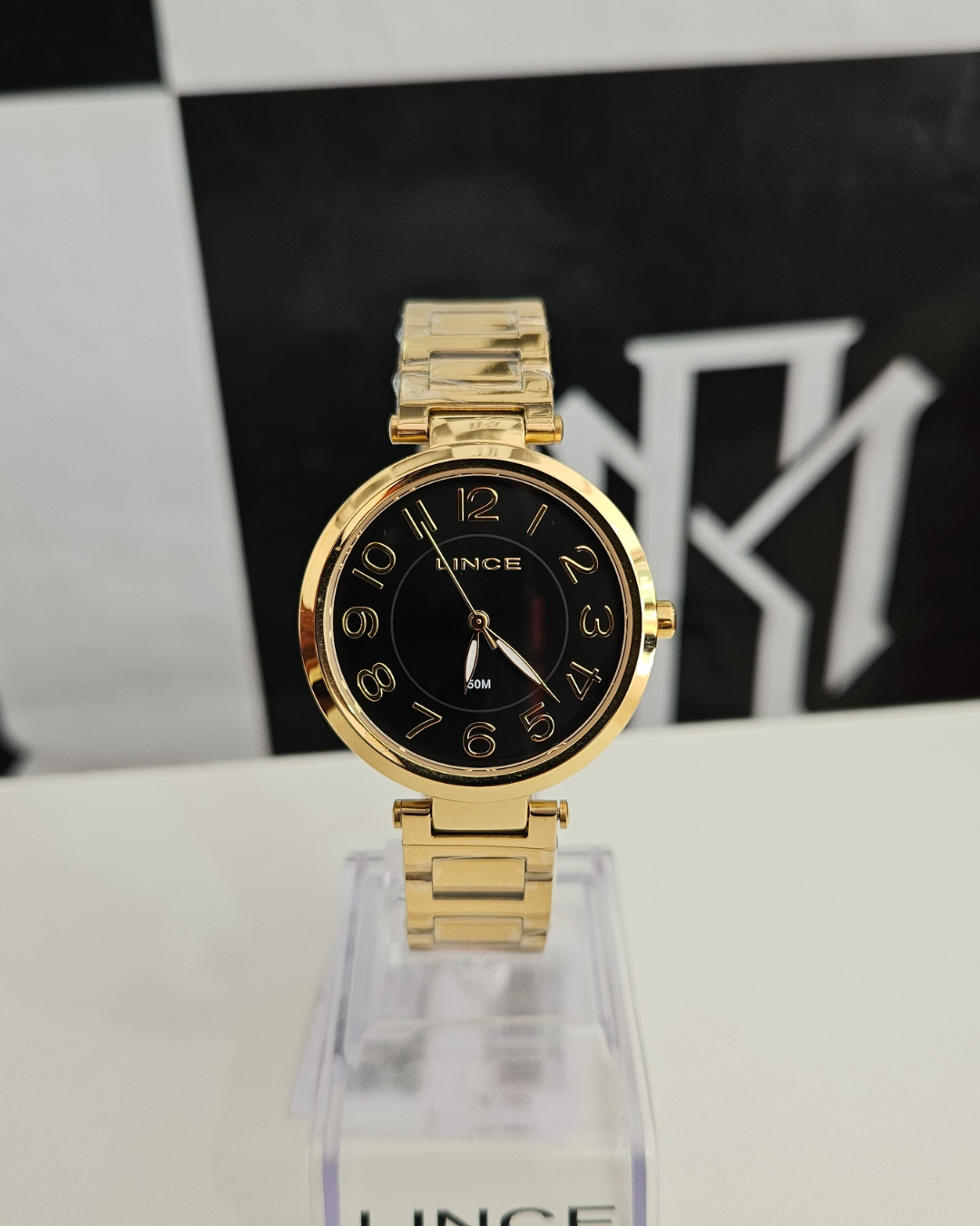 Relógio Lince Feminino Dourado Mostrador Preto Analógico