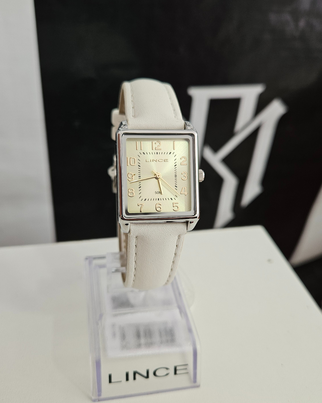Relógio Lince Feminino Retangular Prata Pulseira Branca RM IMPORTS