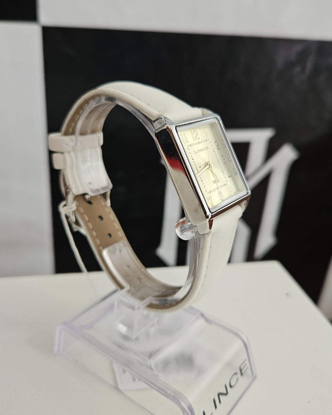 Relógio Lince Feminino Retangular Prata Pulseira Branca RM IMPORTS
