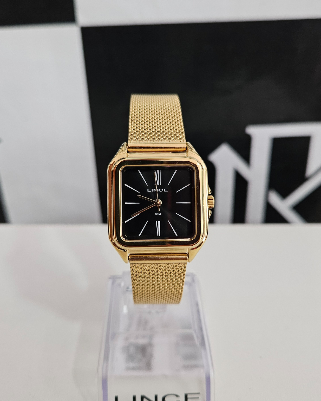 Relógio Feminino Lince Quadrado Dourado com Pulseira Mesh