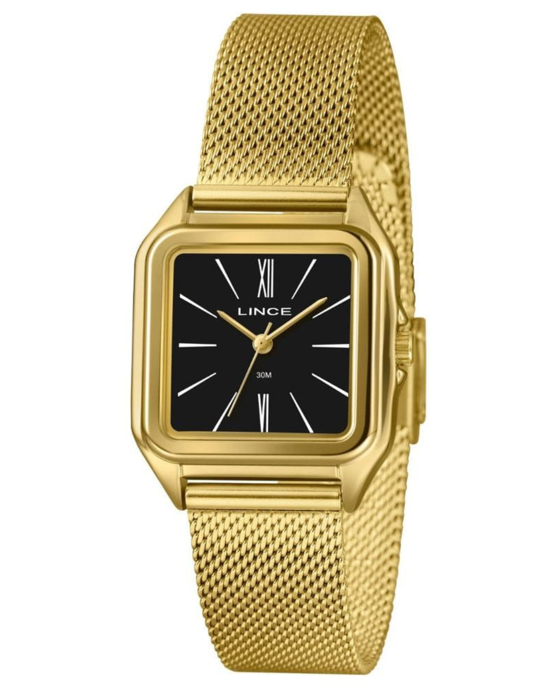 Relógio Feminino Lince Quadrado Dourado com Pulseira Mesh