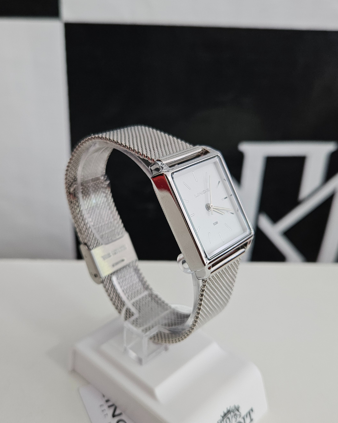 Relógio Feminino Lince Quadrado Prateado com Pulseira Mesh – Mini