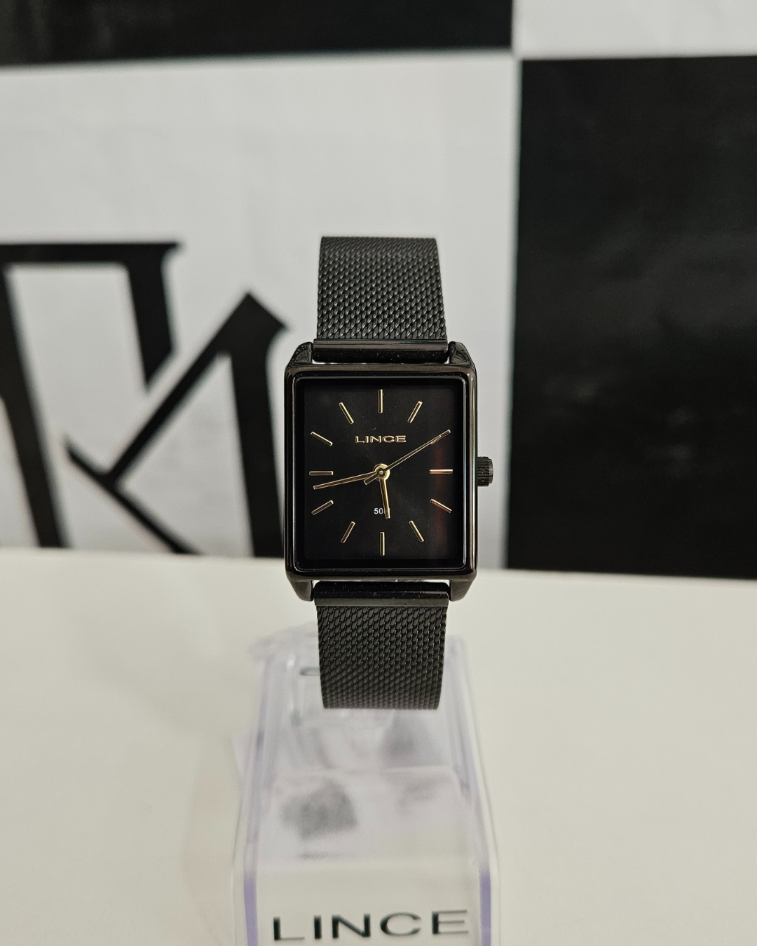 Relógio Feminino Lince Preto Quadrado com Pulseira Mesh