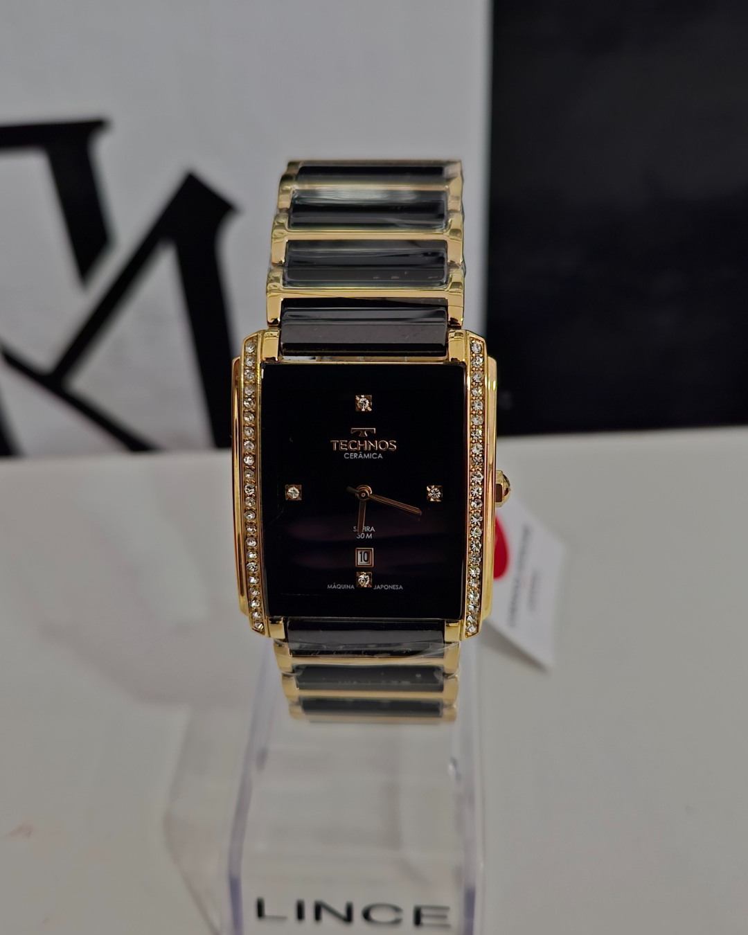 Relógio Feminino Technos Cerâmica Preto e Dourado com Cristais
