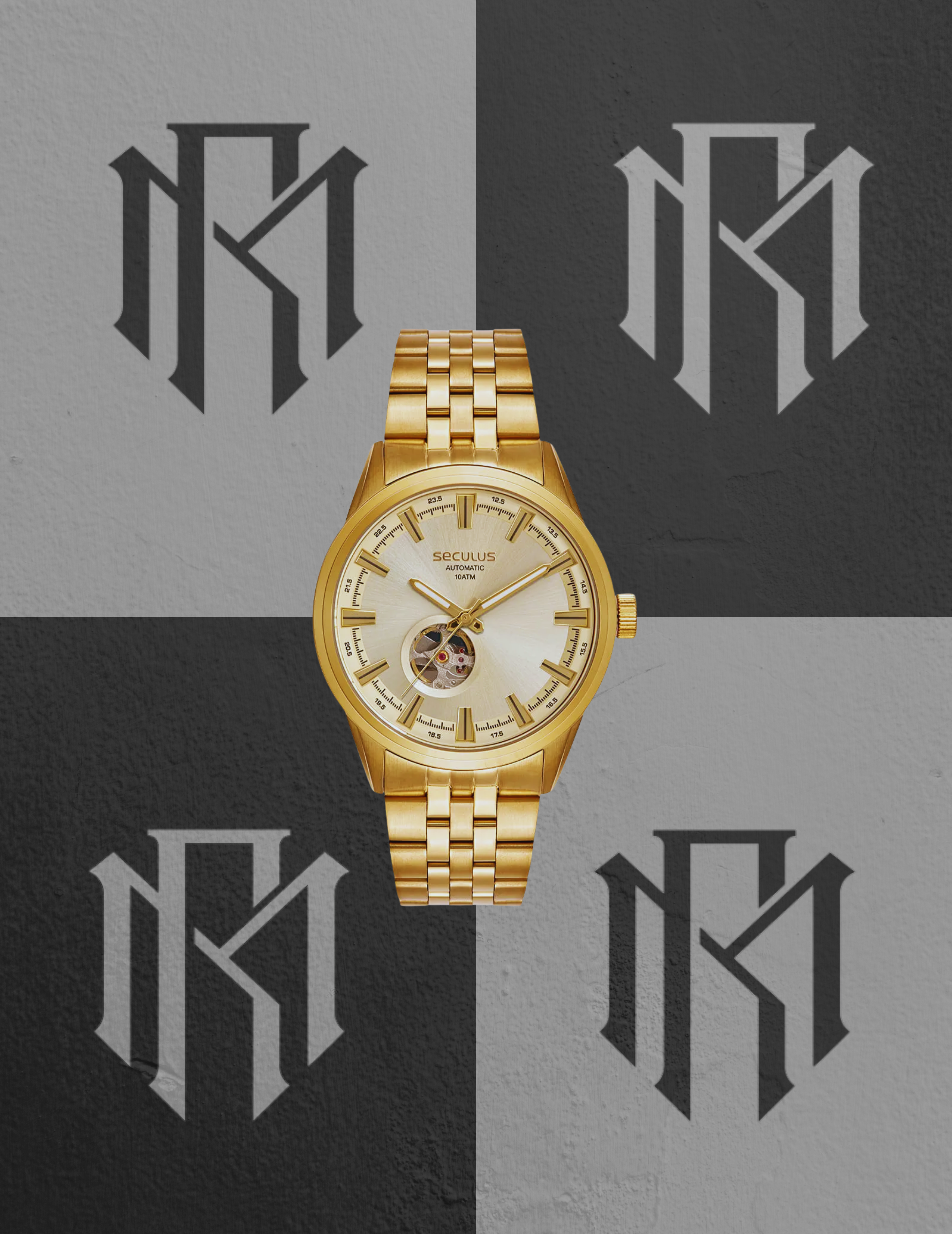 Relógio Seculus 44329GPSVDA1 Automático Dourado Open Heart 46mm 10ATM