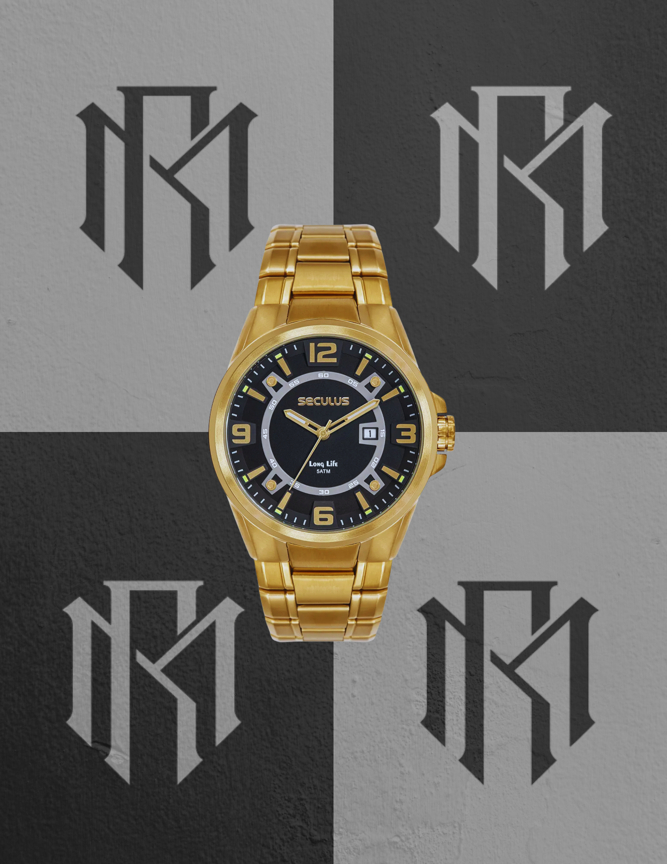 Relógio Seculus 44316GPSVDA3 Cronógrafo 3D Dourado Preto 48mm 5ATM
