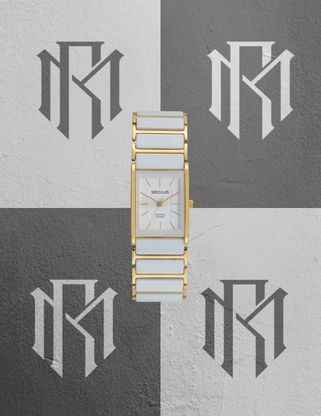 Relógio Seculus Cerâmica Branco e Dourado Quadrado 77230LPSVDQ1