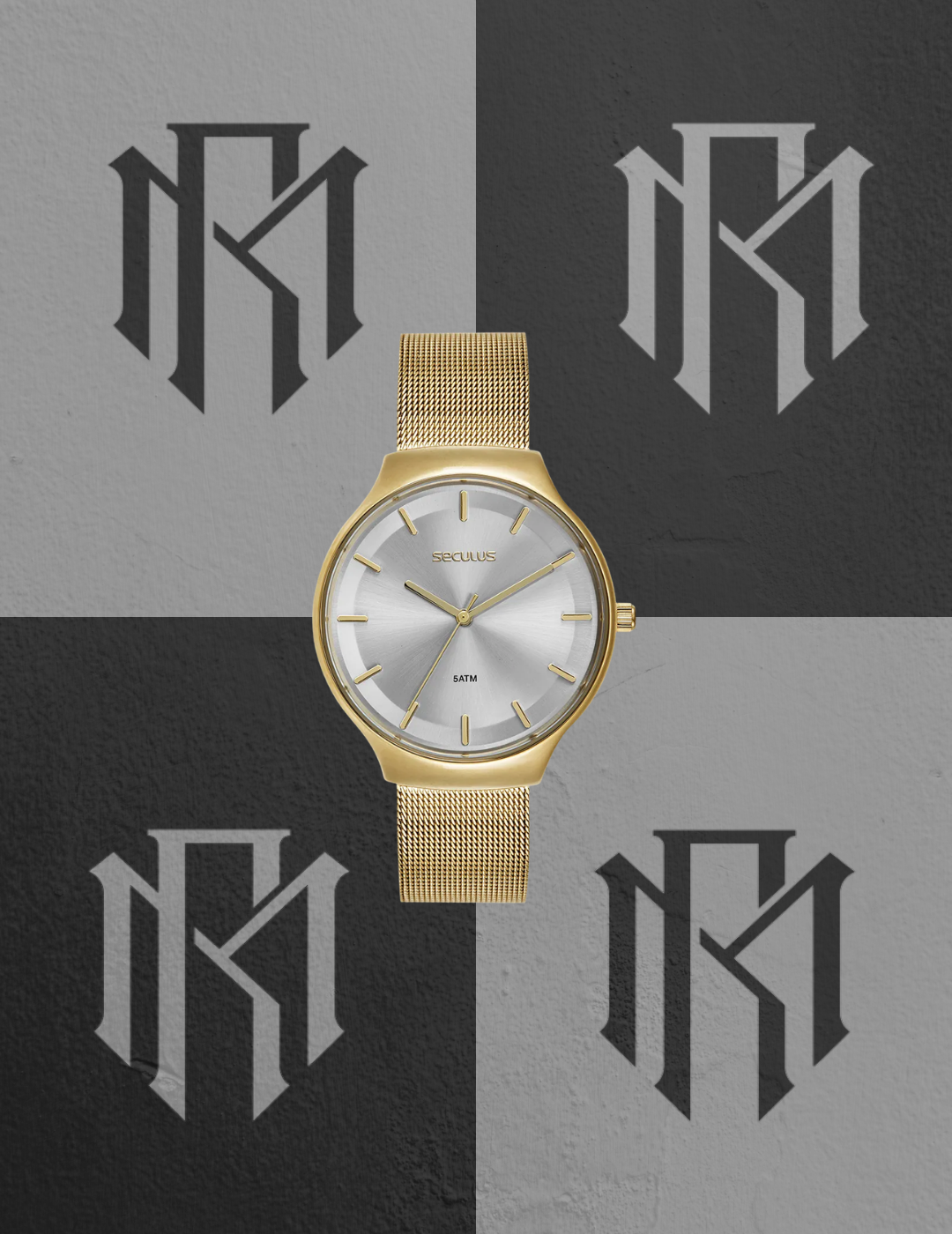 Relógio Seculus Dourado Pulseira Malha de Aço Mesh Mostrador Prata