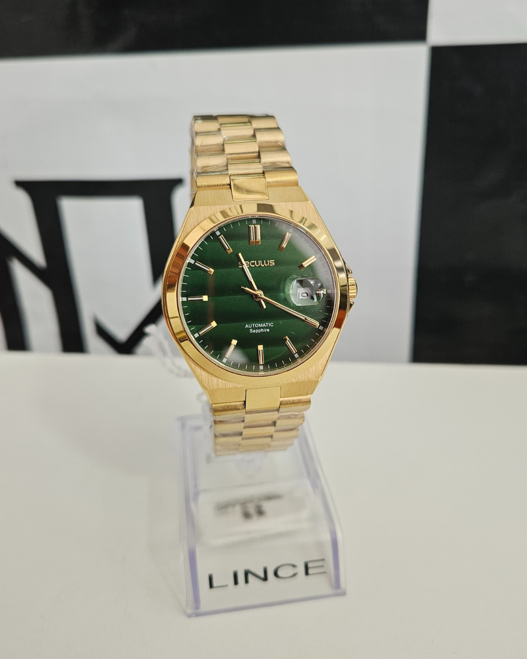 Relógio Seculus Masculino Automático Dourado Fundo Verde