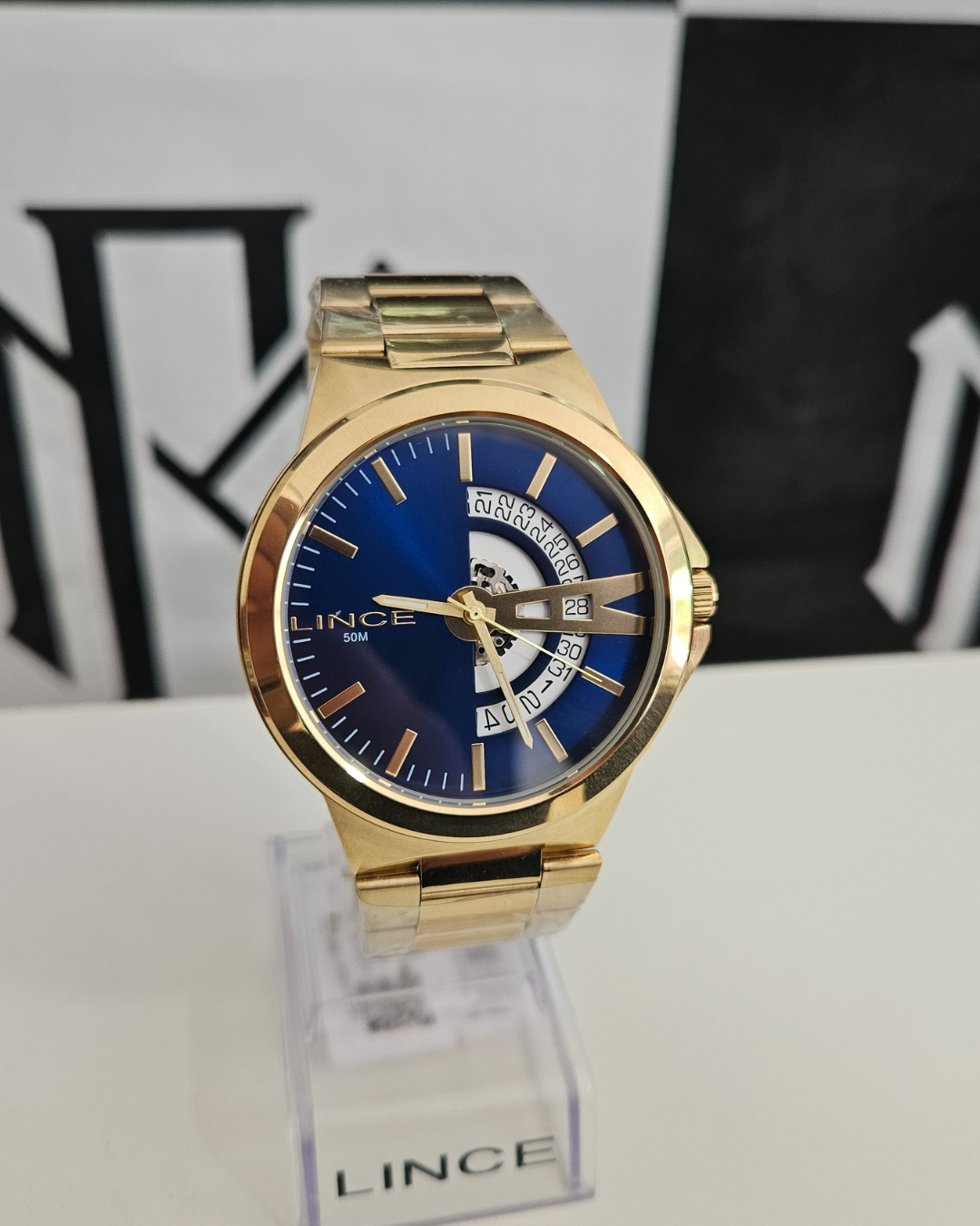 Relógio Lince Masculino Dourado Fundo Azul