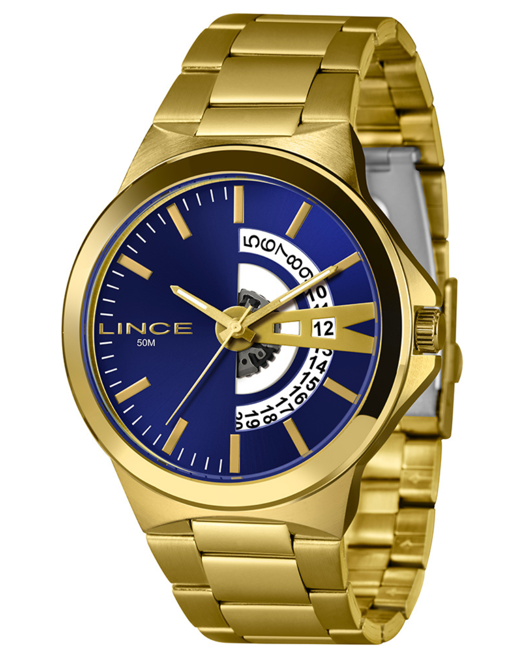 Relógio Lince Masculino Dourado Fundo Azul