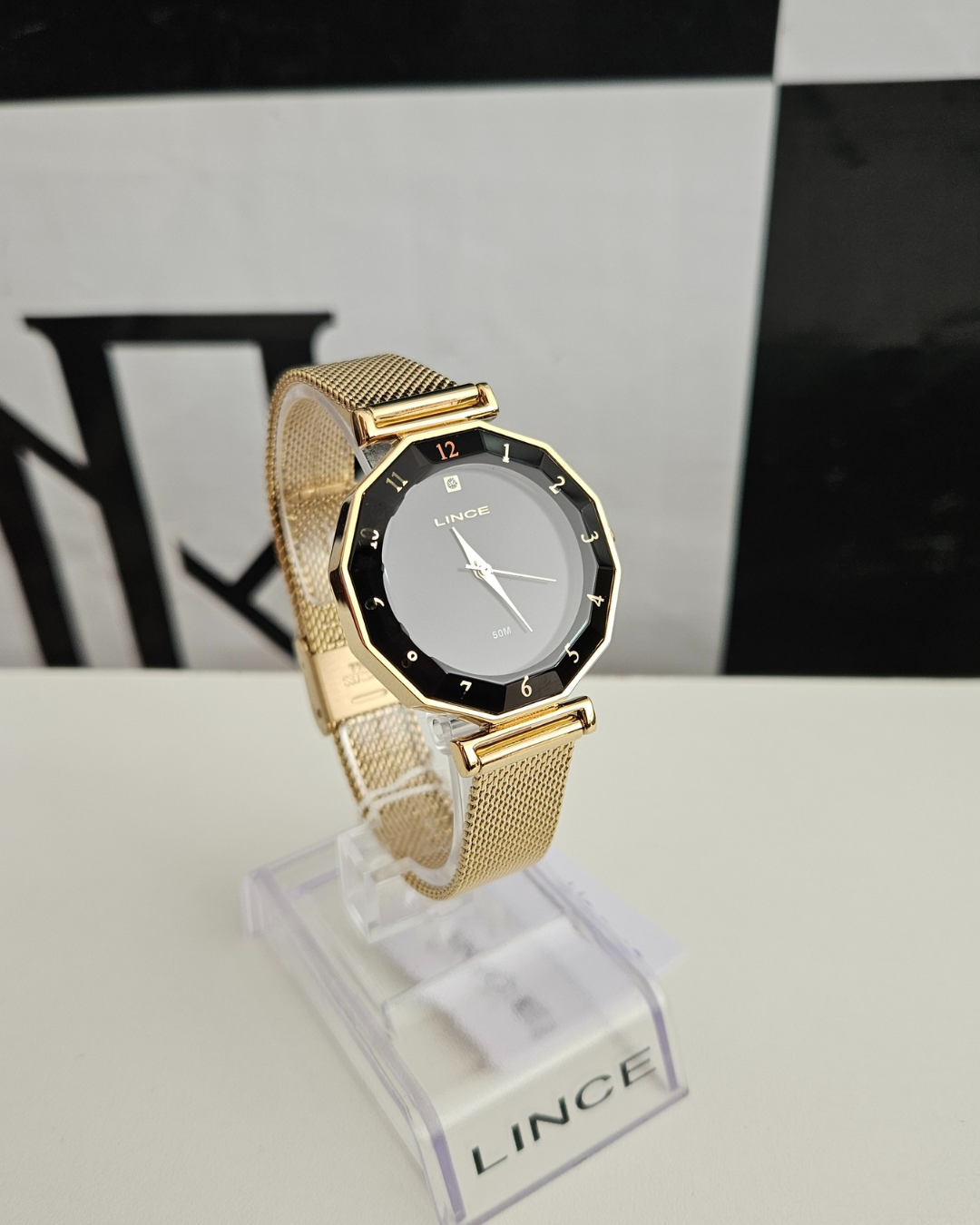 Relógio Lince Feminino Dourado Bisel Preto