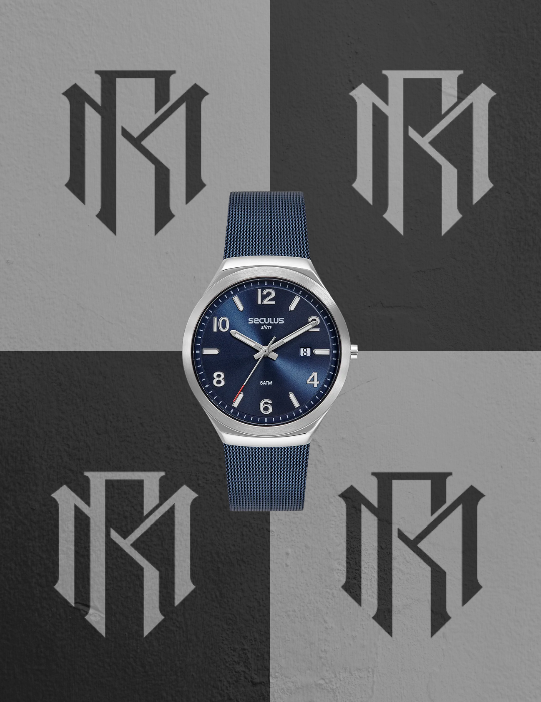 Relógio Seculus Slim Malha de Aço Prata Mostrador Azul