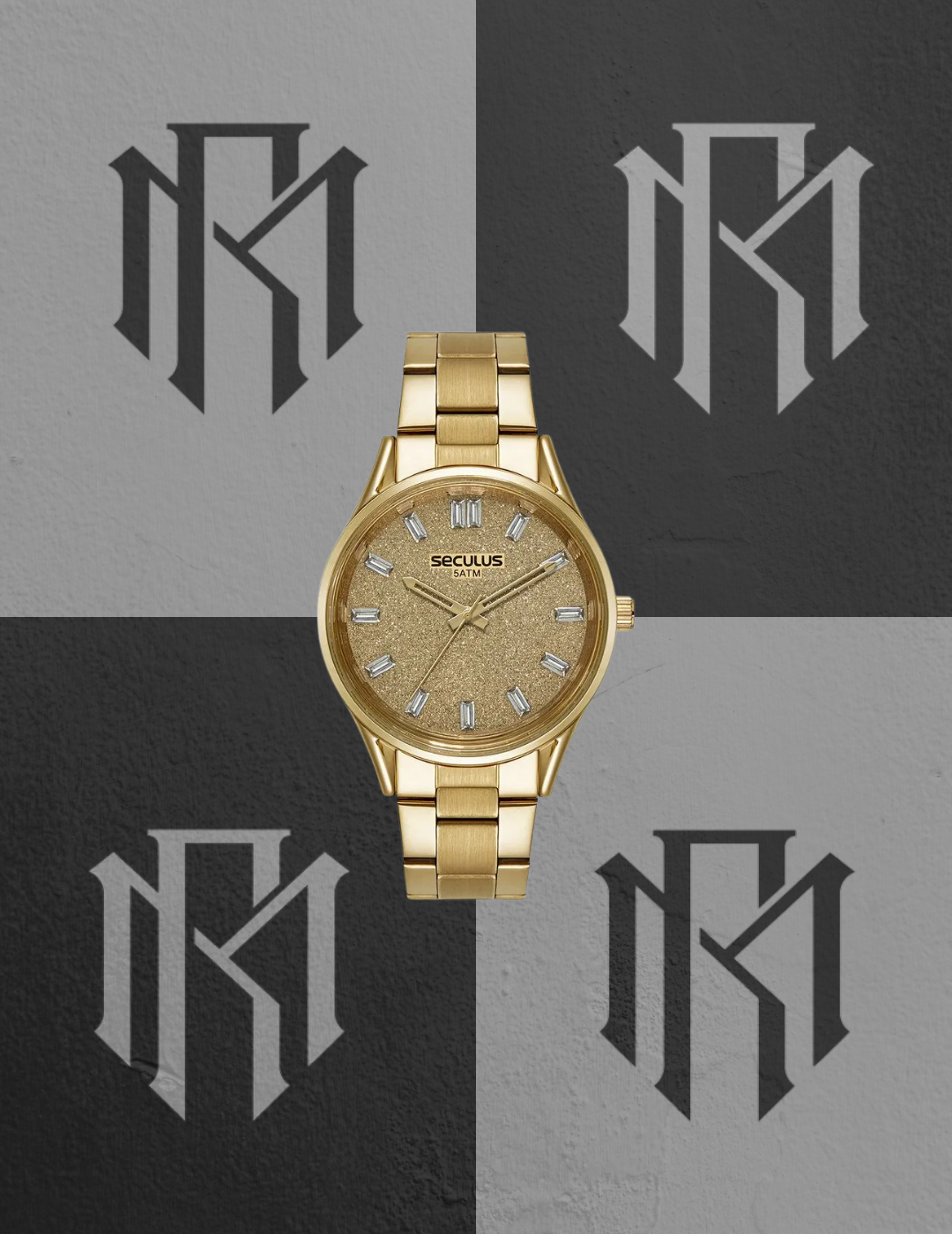 Relógio Seculus Glitter Cristais Baguete Dourado 44246LPSVDS1