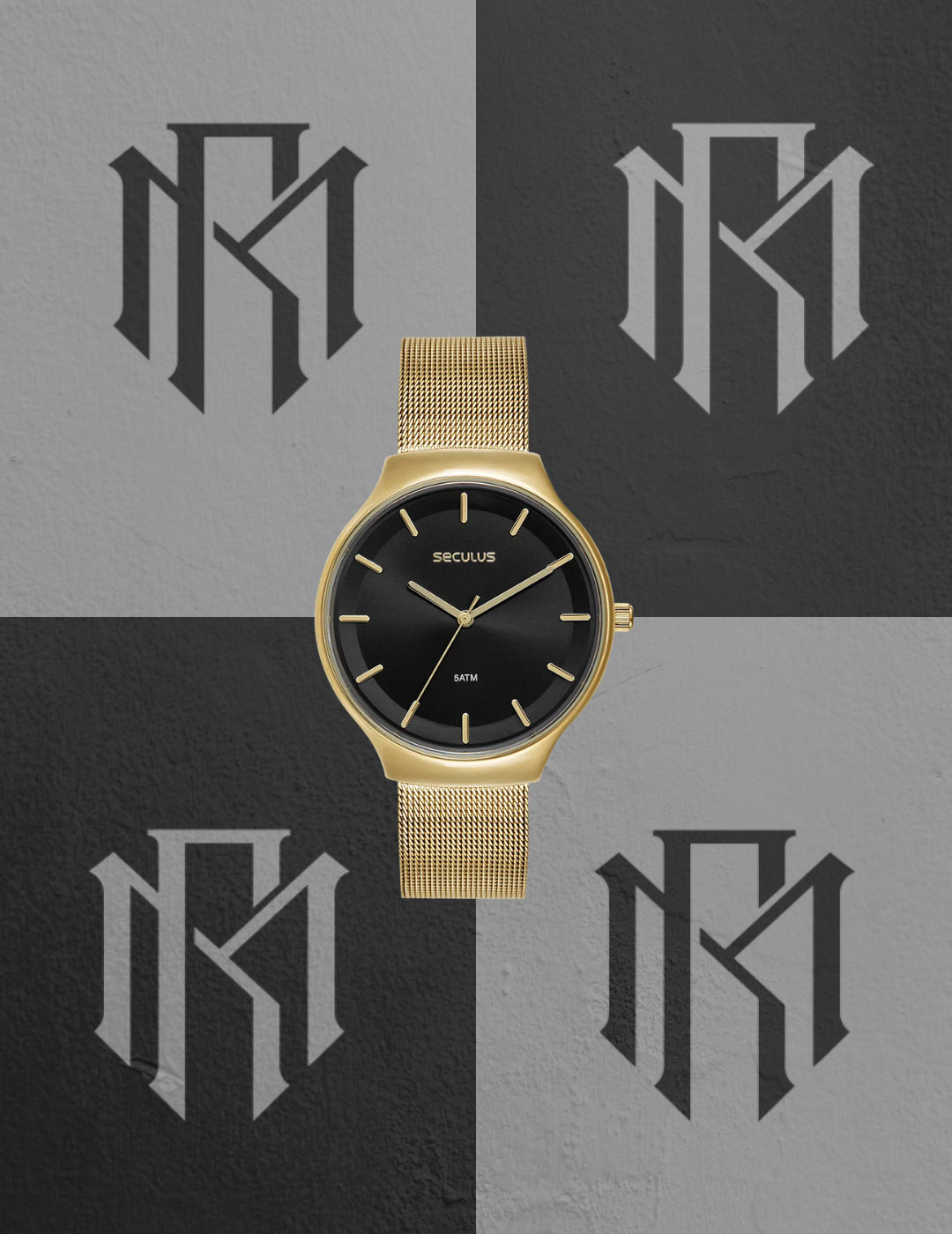 Relógio Seculus Dourado Mostrador Preto Pulseira Mesh 77317LPSVDS2