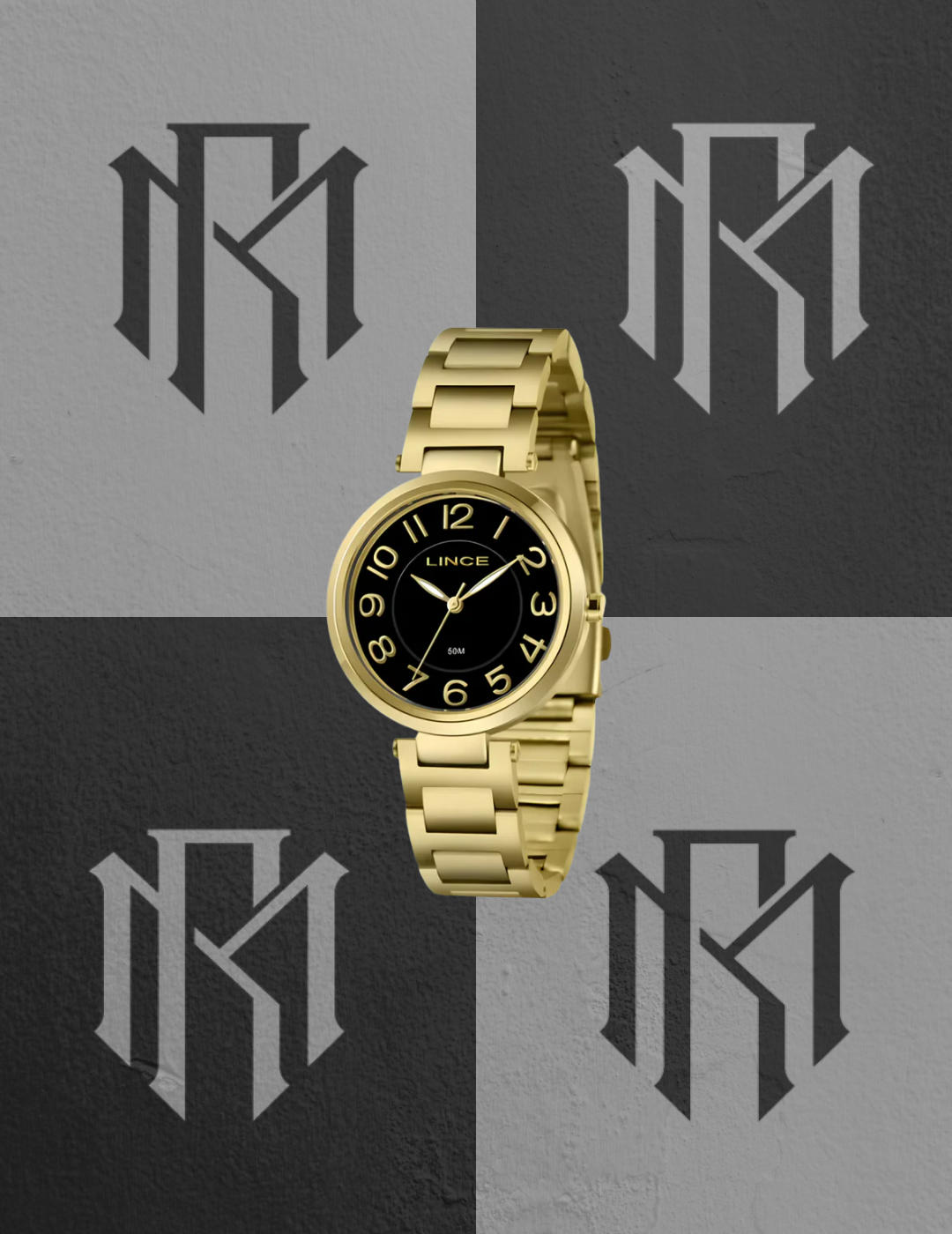 Relógio Lince Feminino Dourado Mostrador Preto Analógico